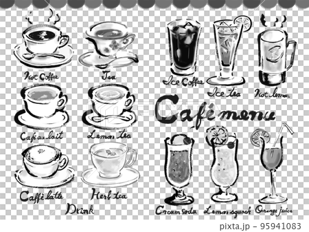 ソフトドリンクの手描きイラストセット モノクロのイラスト素材