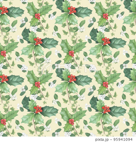 Seamless pattern of Christmas elements painted in watercolor. Holly with berries, Christmas decorations Seamless pattern of Christmas elements painted in watercolor. Holly with berries, Christmas decorations 95941094