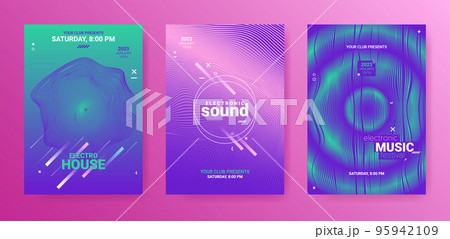 Minimal Abstract Dj Flyer Set. Electro Sound Cover. Techno Party Poster. Vector 3d Background. Psychedelic Dj Flyer. Geometric Festival Illustration. Gradient Distort Lines. Edm Dj Flyer. 95942109