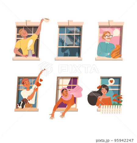 Cheerful looking out of windows set. Happy neighbourhoods characters drinking coffee, talking, helping each other through open windows. Stay at home concept vector illustration Cheerful looking out of windows set. Happy neighbourhoods characters drinking coffee, talking, helping each other through open windows. Stay at home concept vector illustration 95942247