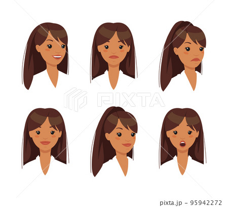 Set of various female emotional faces. Young woman with different facial expressions, smiling, surprised, scared, upset. Girl character creation vector illustration 95942272