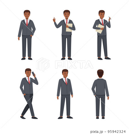 African american businessman in suit standing in different poses and gesturing set vector illustration 95942324