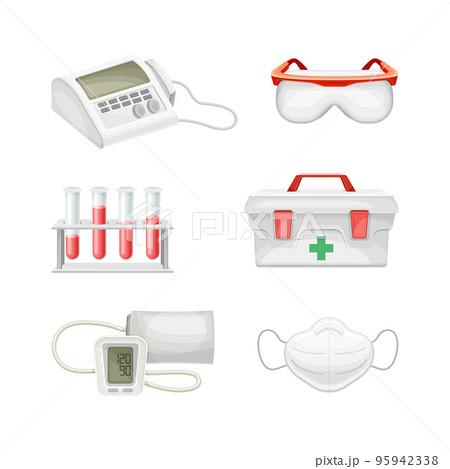Medical laboratory equipment set. Ecg machine, test tubes with blood, first aid kit, medical face mask, tonometer cartoon vector illustration Medical laboratory equipment set. Ecg machine, test tubes with blood, first aid kit, medical face mask, tonometer cartoon vector illustration 95942338