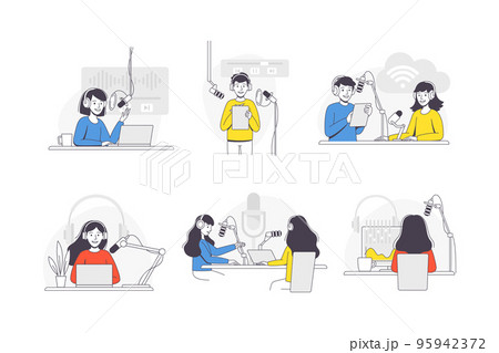 Podcast Recording with Young Man and Woman with Microphone Broadcasting and Live Streaming Outline Vector Set 95942372