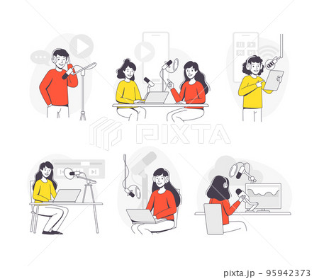 Podcast Recording with Young Man and Woman with Microphone Broadcasting and Live Streaming Outline Vector Set 95942373