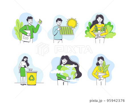 Saving Ecology with Young Man and Woman Caring about Green Planet and Nature Vector Set 95942376