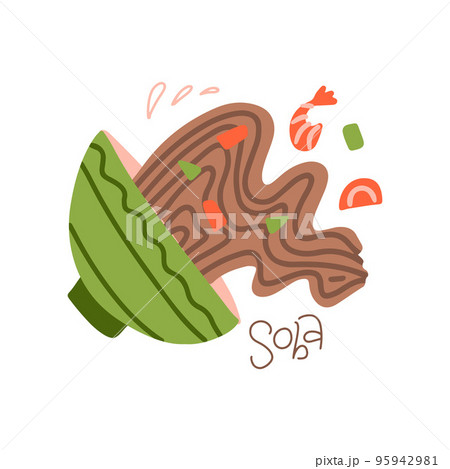 Spilled soba noodle soup, japanese dish with noodles, shrimps and vegetables. Asian cuisine, Buckwheat noodle bowl, cute cartoon vector illustration. 95942981
