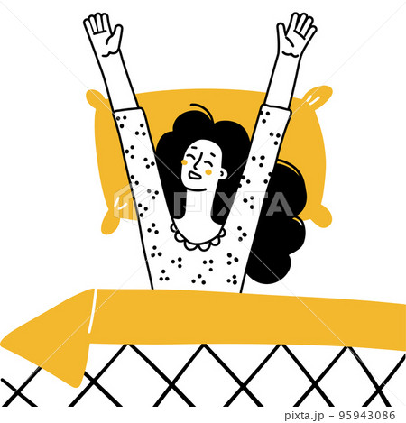 Woman wake up in the morning and stretching. The girl wakes up lying on her bed and smiles. Top view composition. Hand drawn doodle line style vector illustrations. Black and yellow on white Woman wake up in the morning and stretching. The girl wakes up lying on her bed and smiles. Top view composition. Hand drawn doodle line style vector illustrations. Black and yellow on white 95943086