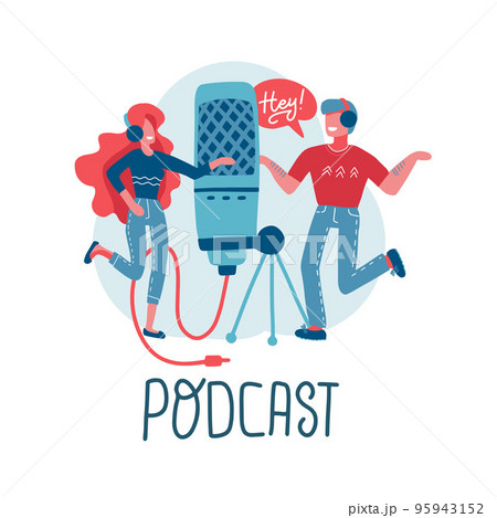 Online training, podcast, radio. Podcast concept . People working together for creating podcast. Cartoon characters with big mic. Flat vector Isolated illustration with lettering. 95943152