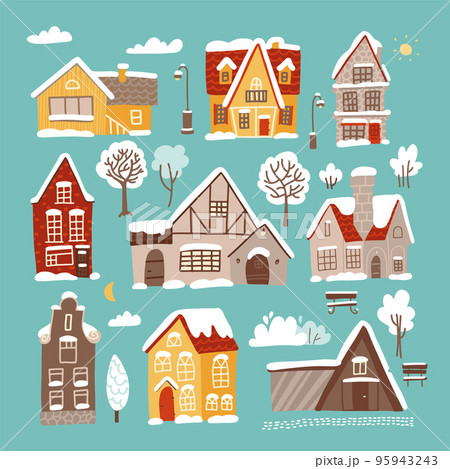 Different Winter houses set. Brick and wooden christmas houses covered with snow. Winter background with cartoon countryside buildings. Winter time landscape constructor. Different Winter houses set. Brick and wooden christmas houses covered with snow. Winter background with cartoon countryside buildings. Winter time landscape constructor. 95943243