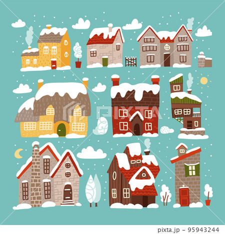 Winter houses collection. Cartoon snow bildings and rural cottages set. Architecture with a snow-covered roof and snowdrifts. Flat vector hand drawn illusstration. 95943244
