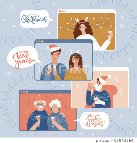 Online Christmas celebration concept. Computer or smartphone screens with young and elder people in Christmas outfits. Flat vector illustration. 95943264