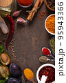 Variety of spices and herbs at table background. Cooking concept and ingredients on table 95943366