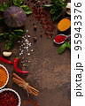 Variety of spices and herbs at table background. Cooking concept and ingredients 95943376