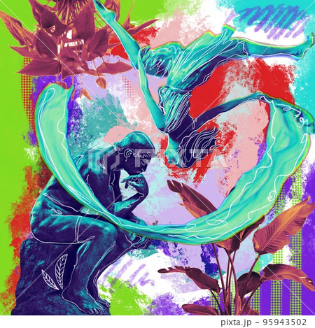 Creative contemporary modern psychedelic concept art collage. The concept of despair and sadness, the search for oneself, love and understanding. Antique statues and the flight of thought Creative contemporary modern psychedelic concept art collage. The concept of despair and sadness, the search for oneself, love and understanding. Antique statues and the flight of thought 95943502