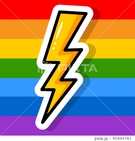 Lightning on a striped multi-colored background. Cartoon sticker. LGBT Pride. Rainbow flag. Vector illustration 95944761