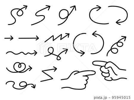 様々な形の矢印セット02(手書き・モノクロ・線細め) 様々な形の矢印セット02(手書き・モノクロ・線細め) 95945015