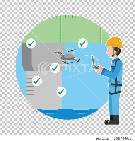 A worker uses a drone to inspect a bridge A worker uses a drone to inspect a bridge 95946603