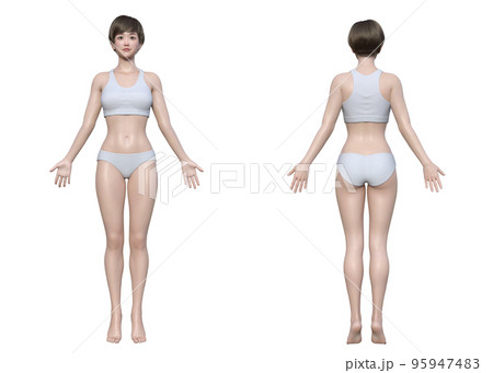 自然でかわいい日本人3Dモデル女性の全身正面と後ろ姿のボディセット 95947483