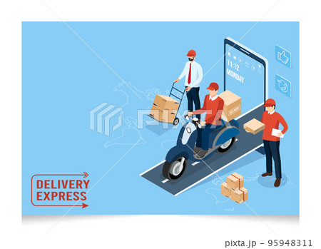 3D isometric Logistics and Delivery services concept with People delivering a box to a customer at home or office. Vector illustration eps10 95948311