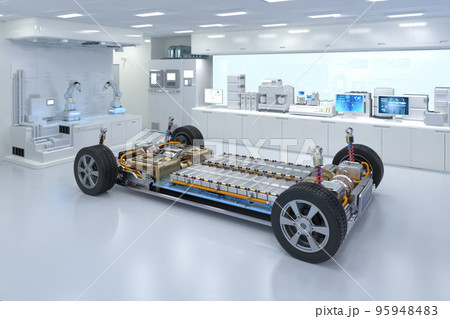 Ev car with pack of battery cells module on platform in laboratory 95948483