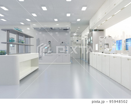 White futuristic laboratory interior in semiconductor manufacturing factory 95948502