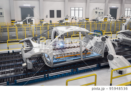 Robot assembly line with electric car battery cells module on platform 95948536