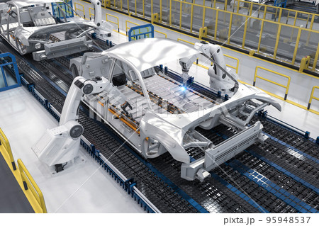 Robot assembly line with electric car battery cells module on platform 95948537