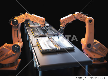 Robot assembly line with electric car battery cells module on platform 95948551