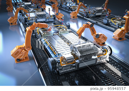 Robot assembly line with electric car battery cells module on platform Robot assembly line with electric car battery cells module on platform 95948557