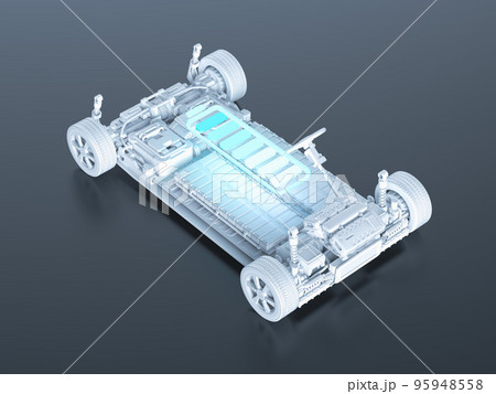 Electric car with pack of battery cells module on platform Electric car with pack of battery cells module on platform 95948558