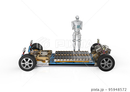 Robot study or research ev car with pack of battery cells module on platform 95948572