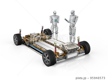 Robot study or research ev car with pack of battery cells module on platform 95948573