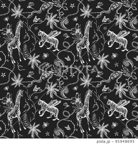 Beautiful trendy seamless pattern with hand drawn chimera animals birds insects and fantasy plants. Stock fashionable textile illustration. 95948695