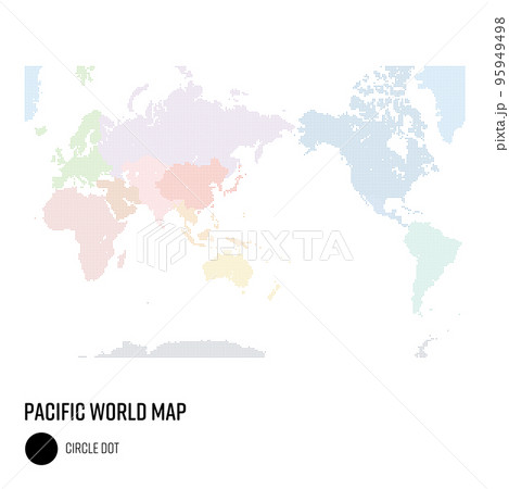 世界地図ドット 太平洋を中心とした世界  地域別にグループ