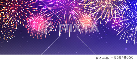 Realistic festive fireworks with transparency effect. Colorful explosion with bright sparks. Christmas or New Year greeting card design element. Diwali festival of lights. Vector illustration 95949650