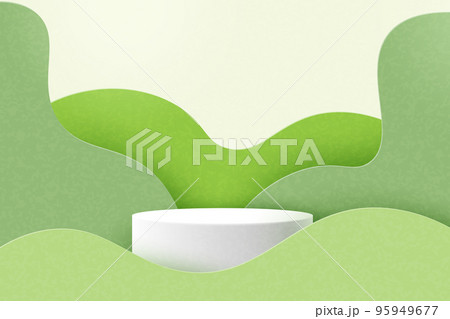 White cylinder podium on green geometric shapes background. 3d Paper cut abstract minimal geometric shape template background.ector illustration. 95949677