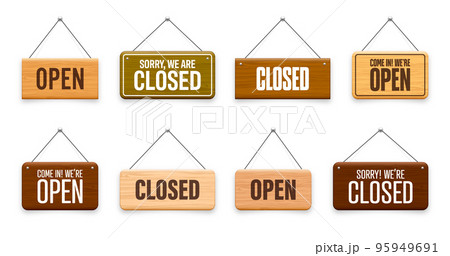 Wooden open or closed hanging signboards. Made of wood door sign for cafe, restaurant, bar or retail store. Announcement banner, information signage for business or service. Vector illustration 95949691