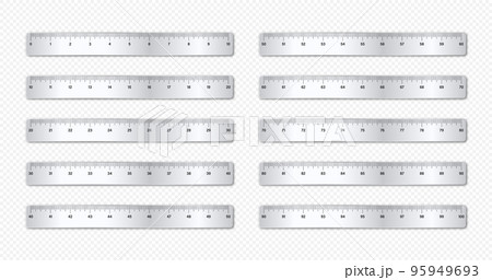 Realistic various shiny metal rulers with measurement scale and divisions, measure marks. School ruler, inch scale for length measuring. Office supplies. Vector illustration Realistic various shiny metal rulers with measurement scale and divisions, measure marks. School ruler, inch scale for length measuring. Office supplies. Vector illustration 95949693