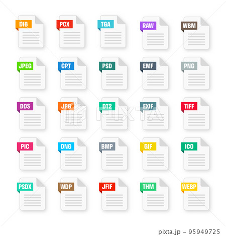 Common system file formats. Document types and extensions. Flat style icons collection. Document pictogram, web design UI element, template. Computer program or application icon. Vector illustration 95949725