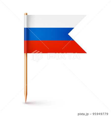 Realistic Russian toothpick flag. Souvenir from Russia. Wooden toothpick with paper flag. Location mark, map pointer. Blank mockup for advertising and promotions. Vector illustration 95949779