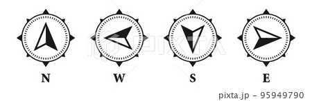 Vintage marine wind rose, nautical chart. Monochrome navigational compass with cardinal directions of North, East, South, West. Geographical position, cartography and navigation. Vector illustration. Vintage marine wind rose, nautical chart. Monochrome navigational compass with cardinal directions of North, East, South, West. Geographical position, cartography and navigation. Vector illustration. 95949790