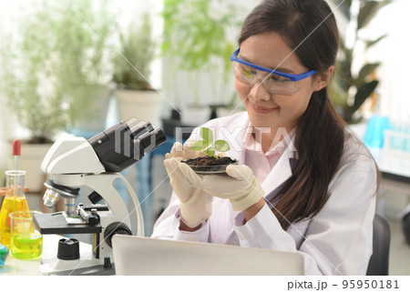 A female scientist or researcher in a lab looks at microscopic medical tests, science and biological chemistry research. Laboratory for female technicians analyzing genetic research. A female scientist or researcher in a lab looks at microscopic medical tests, science and biological chemistry research. Laboratory for female technicians analyzing genetic research. 95950181
