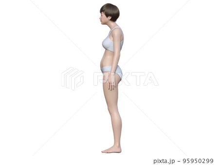 姿勢が悪く猫背の3Dモデルの日本人女性の全身横向きのイラスト	 95950299
