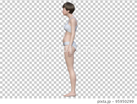 Full-body sideways illustration of a 3D model of a Japanese woman with poor posture and hunched back 95950299