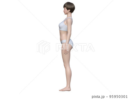 姿勢が悪く反り腰 骨盤前傾になっている3Dモデル女性の全身横向きのイラスト 95950301