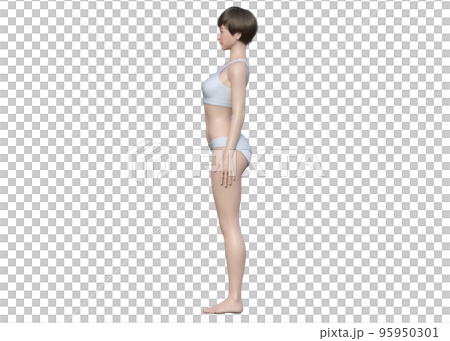 姿勢が悪く反り腰 骨盤前傾になっている3Dモデル女性の全身横向きのイラスト 95950301