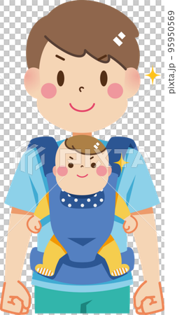 赤ちゃんを前向き抱っこ紐で抱っこするお父さん 95950569