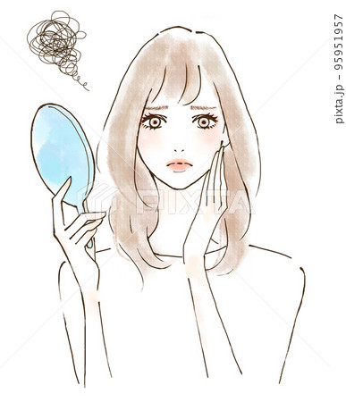 鏡を見て肌悩みに向き合う女性　ネガティブな感情のイラスト 95951957
