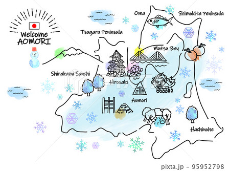 冬の青森県の観光地シンプル線画イラストマップ 冬の青森県の観光地シンプル線画イラストマップ 95952798
